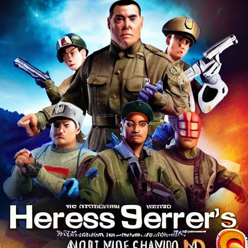 Prompt: Nintendo 64 Sarge's Heroes live action film poster, cinematic, main characters, advertisement, trailer