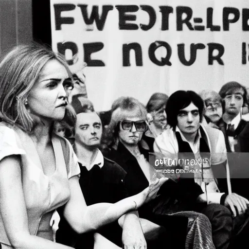 Image similar to French pop star Daphne LaCroix argues in favor of worker\'s rights with German New-Trad Intellectuals in Berlin, March, 1978, watermark free