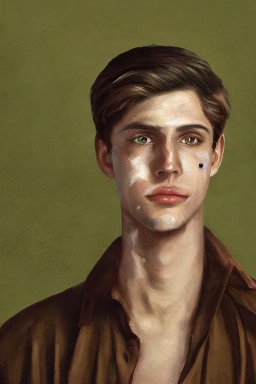 Image similar to Portrait of a Brown hair young male with an anguished face. Round green eyes, set handsomely within their sockets, watch delightfully over the country they\'ve defended for so long. A gunshot left a mark stretching from the bottom of the left cheekbone, first running towards his fairly big lips and ending under his left eye leaving a painful burden of his reckless luck. A true pioneer among goblins. He stands seductively among others, despite his light frame painted by Wayne Barlowe, Greg Rutkowski, zdislav beksinski, Francis Bacon, trending on artstation, artstationHD, artstationHQ, 4k, 8k