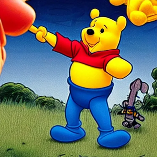 Image similar to winnie the pooh wearing a full suit of space marine power armor and wielding a boltgun