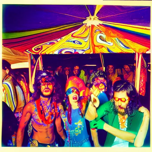 Image similar to expired fuji film photograph portrait of retro psychedelic hippy party in goa from 1 9 8 0, hyperrealism, photorealism, imax quality, 8 k