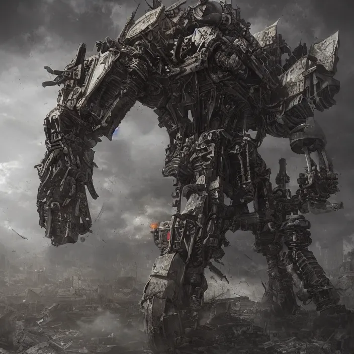 Image similar to mech - warrior with background of crumbling buildings, hyper - detailed, octane render, sharp focus, 4 k ultra hd, fantasy dark art, apocalyptic art