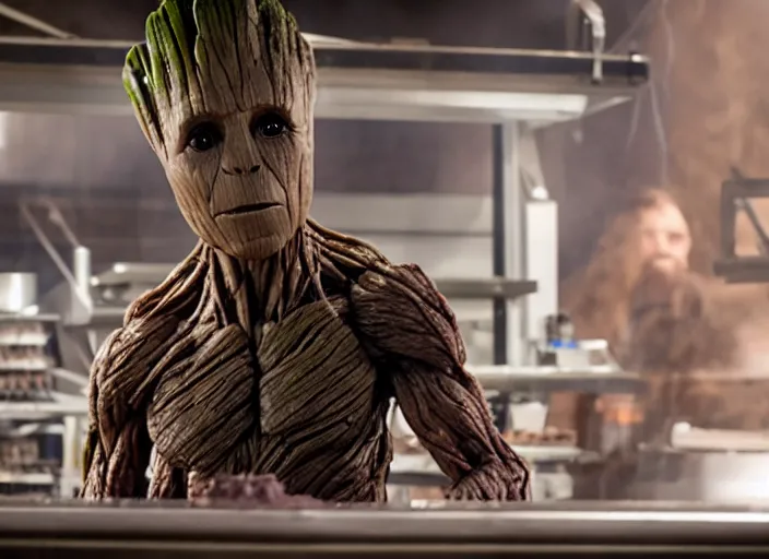 Image similar to film still of Groot working as a chocolatier in the new Avengers movie, 4k