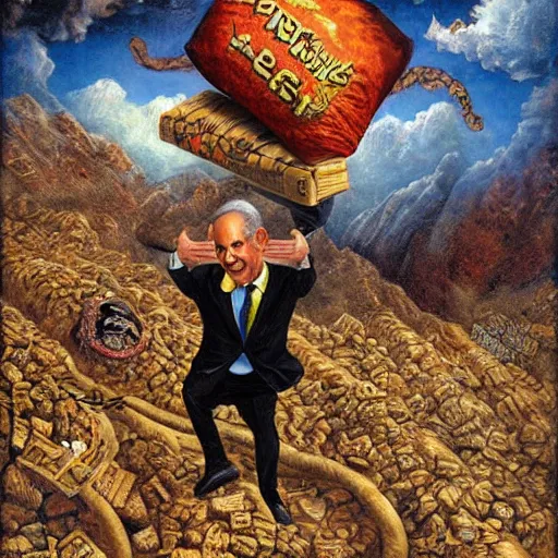 Image similar to Benjamin Netanyahu carrying sacks of money up a mountain in hell, by Michael Cheval