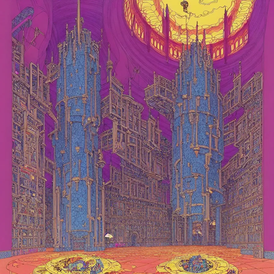 Prompt: ( ( ( ( inside of the huge castle, with decorative frame design ) ) ) ) by mœbius!!!!!!!!!!!!!!!!!!!!!!!!!!!, overdetailed art, colorful, artistic record jacket design