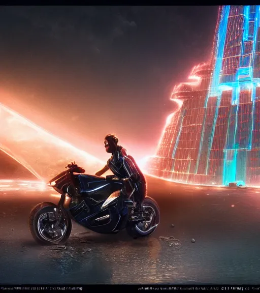 Image similar to mamimi riding a motorcycle in the race to the ancient and majestic tower of babylon destroyed, tron legacy, hyper realistic, ambient lighting, concept art, intricate, hyper detailed, tarkovsky greatest scene, smooth, dynamic volumetric lighting, octane, raytrace, cinematic, high quality, high resolution, 4 k, cgsociety, rutkowski, gurney