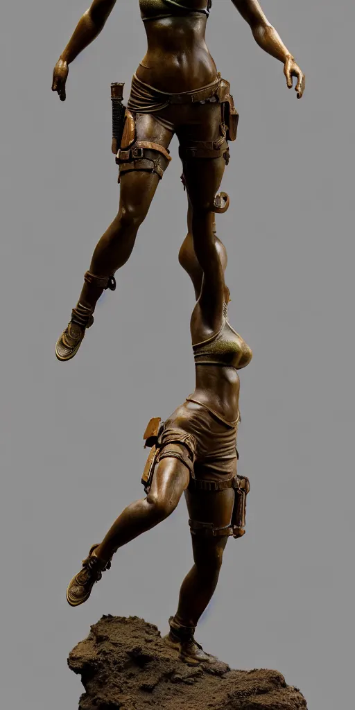 Image similar to detailed studio photo of old bronze patina statue lara croft, full body portrait, various bending poses, photorealism, intricate detail, museum diffuse lighting