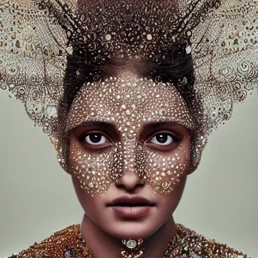 Image similar to full shot of a regal brown - skinned south asian woman wearing an intricate and detailed armor made of dew drops. dew drops around eyes. refracted light. morning dew. delicate. translucent. haunting eyes. vulnerable. fragile. ethereal. refracted light. by ray caesar. by louise dahl - wolfe. surreal photography.
