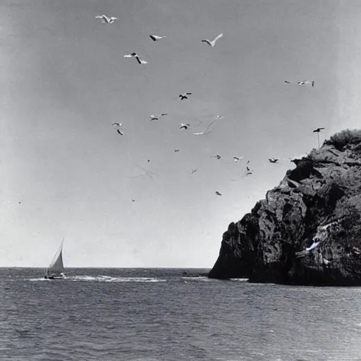 Prompt: A coast with sand and small rocks with a blue sky and a troubled sea and an old sailing ship on the horizon and in the sky is a flock of birds flying southwards, black and white photography 1930