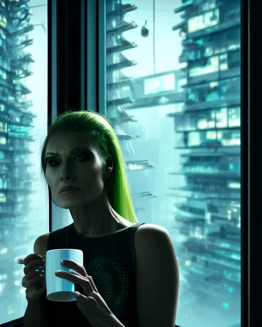 Prompt: a terminator cyborg lady with borg implants and a gorgeous human face is drinking coffee near a window with dystopian city visible outside. tiny green led lights in her cybernetics. very detailed 8 k. horror cyberpunk style.