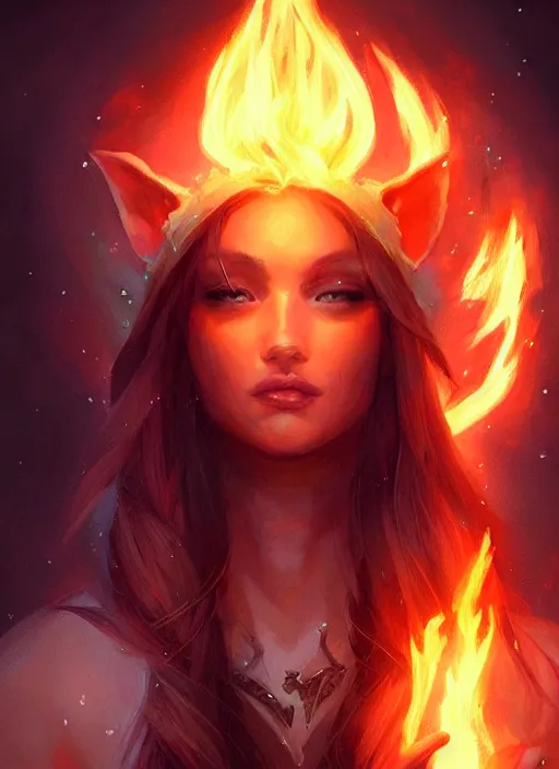 Image similar to a portrait fantastical glowing elf made of fire illustrated by artgerm and greg rutkowski