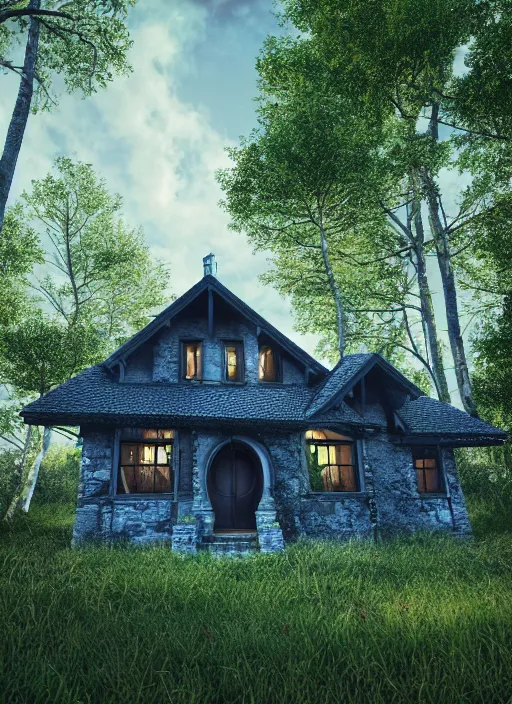 Image similar to hyper realistic homely ornate modern witch cottage far awqyb in the woods gorgeous lighting, blue sky, highly detailed, lush forest architectural render, octane render, ue 5 raytraced