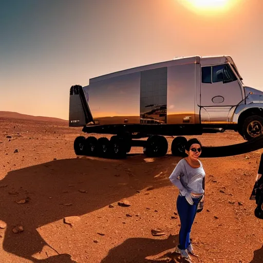 Image similar to 4 k hdr wide angle sony a 7 photo of a stainless steel shiny cybertruck surrounded by instagram model women on mars during a blue martian sunset