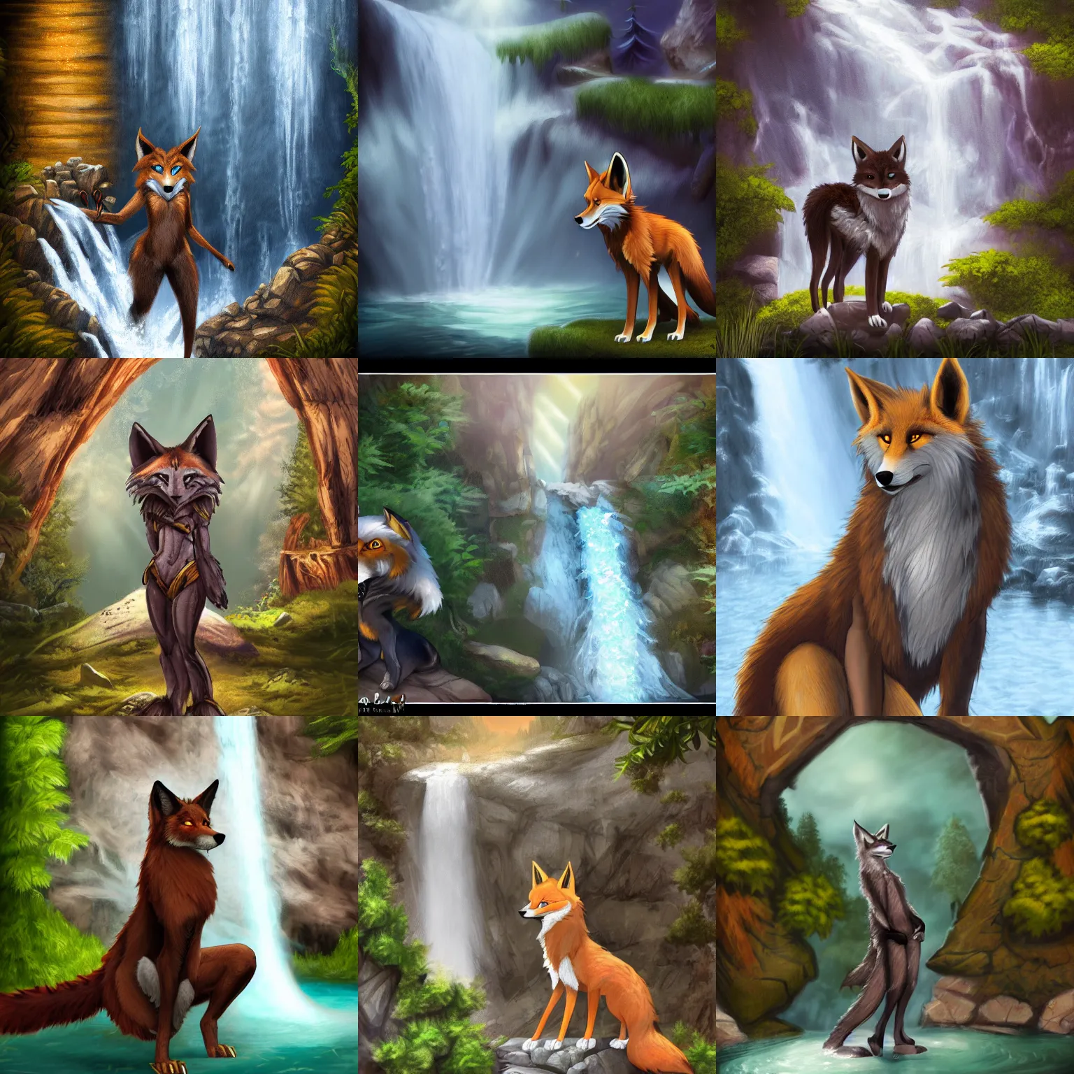 Prompt: fantasy furry art of a noble anthro! werefox standing in front of a waterfall, photorealistic, FurAffinity