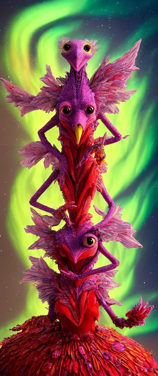 Prompt: hyper detailed 3d render like a Oil painting - kawaii portrait of two Aurora (a beautiful skeksis muppet fae princess protective playful personality from dark crystal that looks like Anya Taylor-Joy) seen red carpet photoshoot in UVIVF posing in scaly dress to Eat of the Strangling network of yellowcake aerochrome and milky Fruit and His delicate Hands hold of gossamer polyp blossoms bring iridescent fungal flowers whose spores black the foolish stars by Jacek Yerka, Ilya Kuvshinov, Mariusz Lewandowski, Houdini algorithmic generative render, Abstract brush strokes, Masterpiece, Edward Hopper and James Gilleard, Zdzislaw Beksinski, Mark Ryden, Wolfgang Lettl, hints of Yayoi Kasuma and Dr. Seuss, octane render, 8k