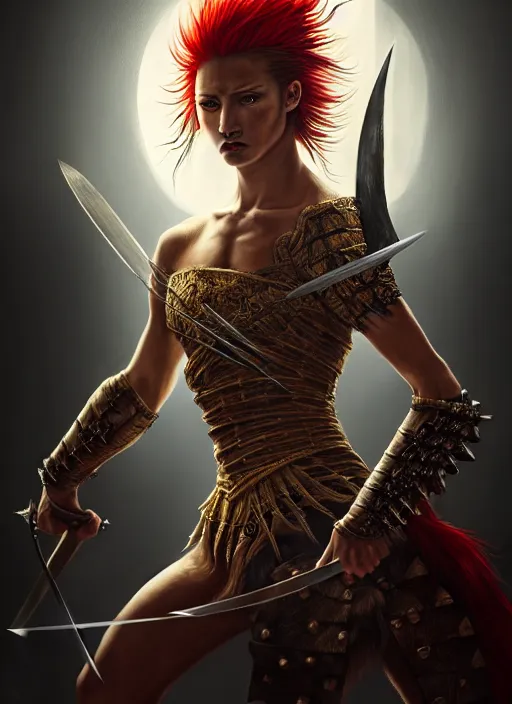 Image similar to a fierce young warrior woman moments before battle, diffuse lighting, fantasy, intricate, elegant, highly detailed, archillect, lifelike, Rebel, photorealistic, digital painting, artstation, punks, illustration, concept art, smooth, kinemacolor, sharp focus, artgerm, by John Collier and Albert Aublet and Leonardo da vinci and Krenz Cushart and Artem Demura and Alphonse Mucha