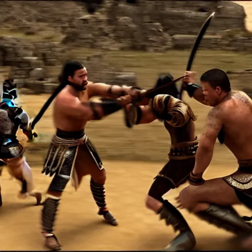 Image similar to amazon warriors fighting in the arena, cinematic, highly detailed, action movie