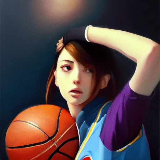 Image similar to A ultradetailed beautiful panting of a stylish girl wearing a basketball jersey, she is holding a basketball, Oil painting, by Ilya Kuvshinov, Greg Rutkowski and Makoto Shinkai