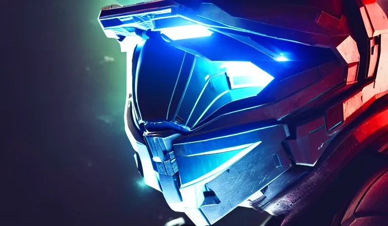 Image similar to cyberpunk halo helmet on space looking up, close shot, reflection, epic, dramatic, cinematic, award winning, ultra detailed, realistic, 8k,