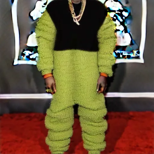 Image similar to kanye west at the grammys in an avocado suit, red carpet photo