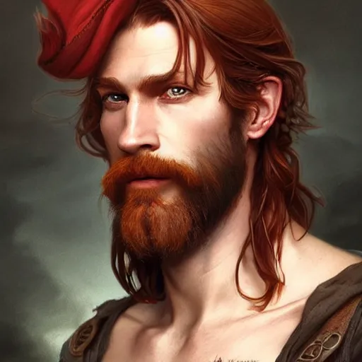 Image similar to portrait of a young ruggedly handsome but joyus pirate, male, masculine, upper body, red hair, very long hair, d & d, fantasy, intricate, elegant, highly detailed, digital painting, artstation, concept art, matte, sharp focus, illustration, art by artgerm and greg rutkowski and alphonse mucha