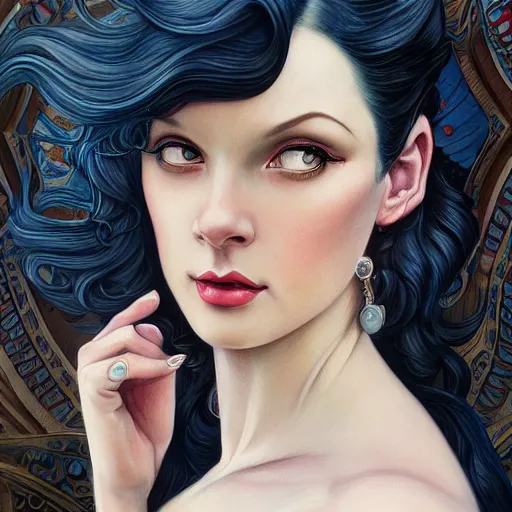 Prompt: an art nouveau, ( streamline moderne ), multi - ethnic and multi - racial portrait in the style of charlie bowater, and in the style of donato giancola, and in the style of charles dulac. large, clear, expressive, intelligent eyes. symmetrical, centered, ultrasharp focus, cinematic lighting, photorealistic digital painting, intricate detailed background.