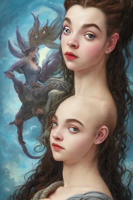 Image similar to A fantasy comic book style portrait painting of Anya Taylor-Joy, Joey King, as an Atlantean Reptilian Warrior, François Boucher, Oil Painting, Mystical Valkyrie, unreal 5, DAZ, hyperrealistic, octane render, Regal, Refined, Detailed Digital Art, RPG portrait, William-Adolphe Bouguereau, Michael Cheval, Walt Disney (1937), Steampunk, dynamic lighting, Highly Detailed, Cinematic Lighting, Unreal Engine, 8k, HD