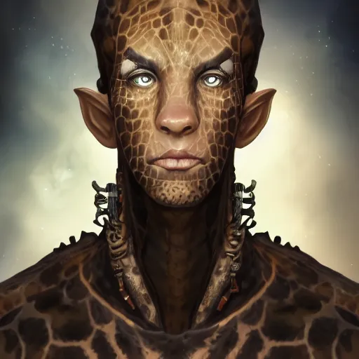 Prompt: beautiful full body portrait of a human - giraffe hybrid male wizard, scaley!! black onyx skin, by wlop and artgerm, steampunk fiction, detailed deep black eyes, space background, trending, on artstation.