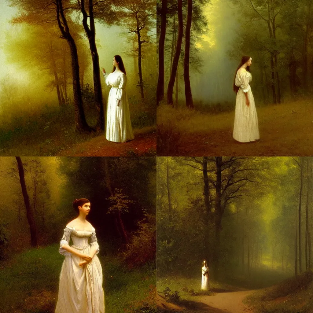 Prompt: Albert Bierstadt\'s painting of an elegant, thin woman with light hair, back and standing, in a simple but beautiful dress, from the duchy of Lituania, on a misty forest