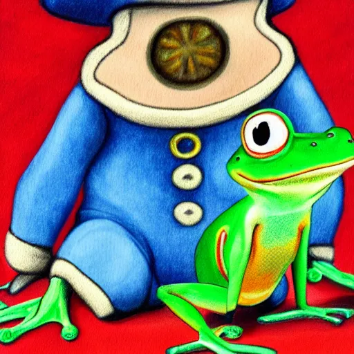 Image similar to a cartoon drawing of a frog wearing cristian clothes, portrait, oil paint, renaissance, 4 k