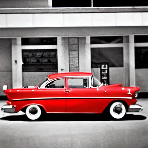 Image similar to stylized photo of a red car at a gas station in 1956