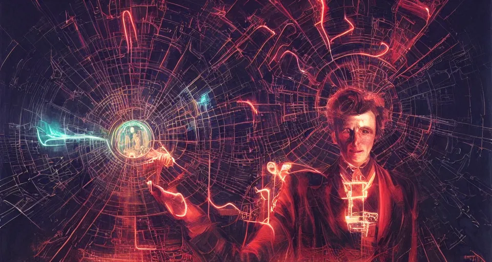 Image similar to electrical arcs form the body of nikolai tesla as he is surrounded by faint bolts of electricity, digital art, intricate, dramatic lighting, neon colors, cinematic, holographic runes, art by artgerm, greg rutkowski, guy denning