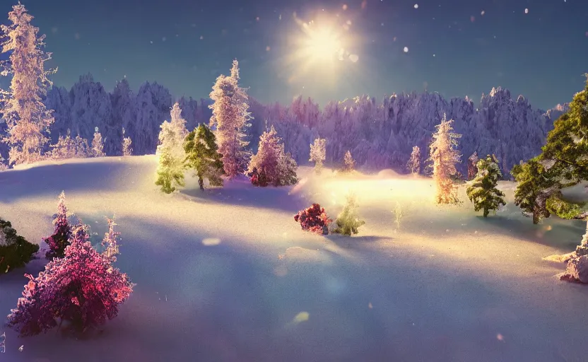 Image similar to mountain landscape in winter!!!, flowers, trees, bright landscape, dreamy light, sunny, floating particles, complementary palette, by and jacek yerga and jesse king, pop surrealist, wiccan, unreal engine, bokeh, detailed