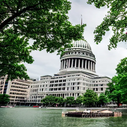 Prompt: madison wisconsin capital being attacked by huge green godzilla ( 1 9 8 9 ) eos 5 ds r, iso 1 0 0, f / 8, 1 / 1 2 5, 8 4 mm, postprocessed, bokeh )