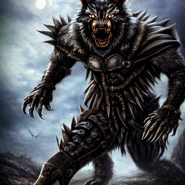 Image similar to armoured werewolf warrior, 4 k, hdr, smooth, sharp focus, high resolution, award - winning photo, anne stokes, photorealistic