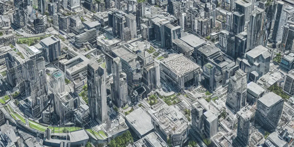 Prompt: drone view of a Brutalist architecture city with a large road through, telephoto lens, 3D digital art 4k