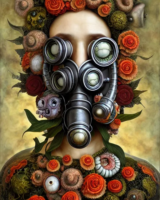 Prompt: a biomorphic portrait with with large eyes, expressive, wearing a botanical gas mask, baroque painting by ayami kojima, mark ryden, arcimboldo, cephalopod, mixed media 3 d collage, focus on head, soft light, 4 k, octane high quality render