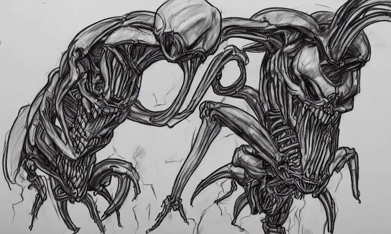 Image similar to a bad distorted rough sketch of one xenomorph drawn by a 4 year old kid