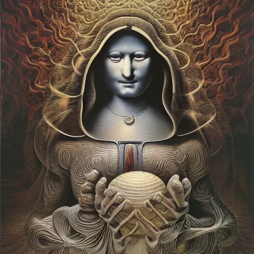 Prompt: monalisa by jacek yerka, alex gray, zdzisław beksiński, dariusz zawadzki, jeffrey smith and h.r. giger, oil on canvas, 8k highly professionally detailed, trending on artstation