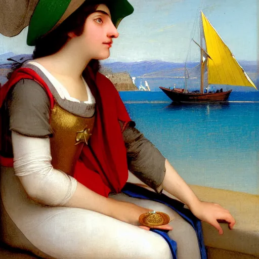 Image similar to A girl with jester hat and clothes on a greek archi circle on the front of a Balustrade with a beach and a sail boat on the background, major arcana cards, by paul delaroche, hyperrealistic 8k, very detailed