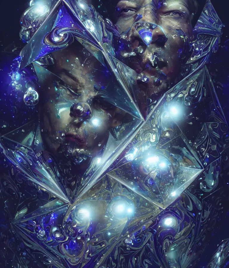 Image similar to front!!! shot of a court jester!!! character, mesmerizing fractal hypercubes, platinum cracked, dark holography!!!, future, metallic galactic, crystalline edges, polygonal, elegant, highly detailed, centered, (((artstation, concept art, jagged, sharp focus, artgerm, Tomasz Alen Kopera, Peter Mohrbacher, donato giancola, Joseph Christian Leyendecker, WLOP, Boris Vallejo))), ((raytracing)), mugshot!!!!!, ugly!!!!!!, octane render, nvidia raytracing demo, octane render, nvidia raytracing demo, octane render, nvidia raytracing demo, 8K, cinematic, masterpiece