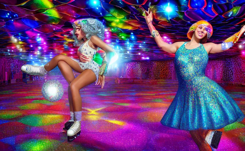 Prompt: Ultradetailed, hyperrealistic, a vintage roller skating diva wearing a disco ball skirt mirror tanktop with a disco ball head in a psychedelic cosmic roller rink in the clouds, by Vladimir kush, by josib csoor, by Laurie Lipton, rendered in octane, volumetric lighting, retro color scheme, trending on artstation -20