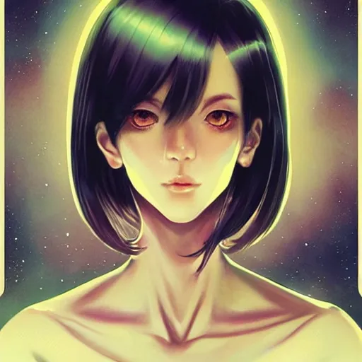 Image similar to A potrait of an alien with big and cute eyes, fine-face, realistic shaded perfect face, fine details. Night setting. Very anime style. Realistic shaded lighting poster by Ilya Kuvshinov katsuhiro, magali villeneuve, artgerm, Jeremy Lipkin and Michael Garmash, Rob Rey and Kentarõ Miura style, trending on art station