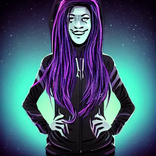 Image similar to “Sci fi, A female, full body, black hair with purple streaks, black hoodie with tech on it”