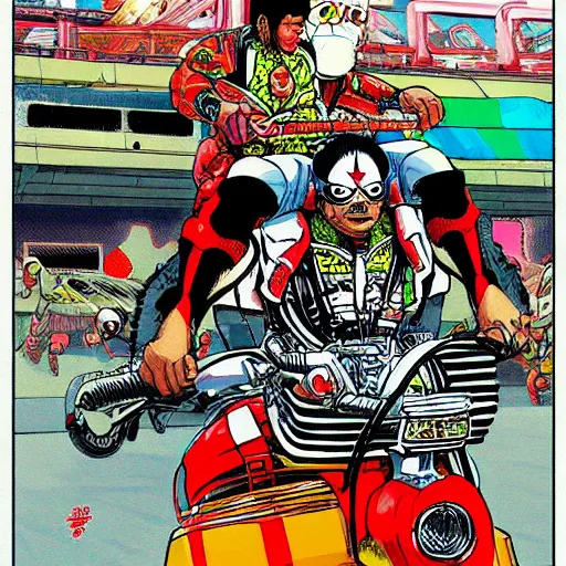 Image similar to mexican wrestler riding japanese motorcycle in neotokyo, manga katsuhiro otomo style, full page cartoon