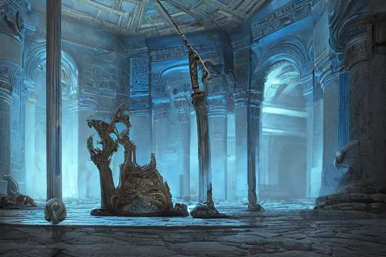 Image similar to old twisted staff weapon with a blue crystal at it's tip, fantasy movie scene greg rutkowski digital painting of an ornate and royal egyptian antechamber tomb, unreal engine, hyper realism, realistic shading, cinematic composition, blender render, octane render, hdr, detailed textures, photorealistic, ultrawide shot, 3 5 mm film