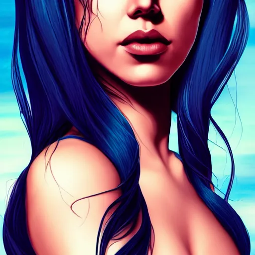 Image similar to a stunning upper body portrait of a beautiful woman with raven hair blowing in the wind by marvel comics, digital art, trending on artstation