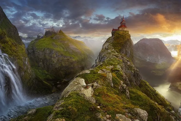 Image similar to Gediminas Pranckevicius amazing landscape photo of mountains of Norway with lake and castle on top of a waterfall with infinite view at sunset by marc adamus beautiful dramatic lighting ,