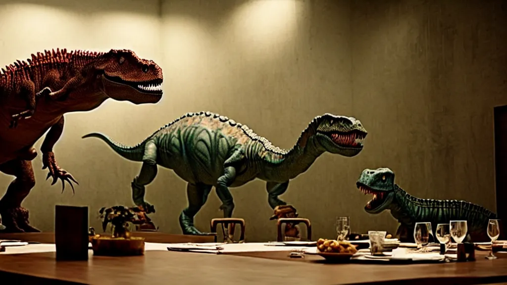 Image similar to the strange dinosaur sits at a table, film still from the movie directed by Denis Villeneuve with art direction by Salvador Dalí, long lens