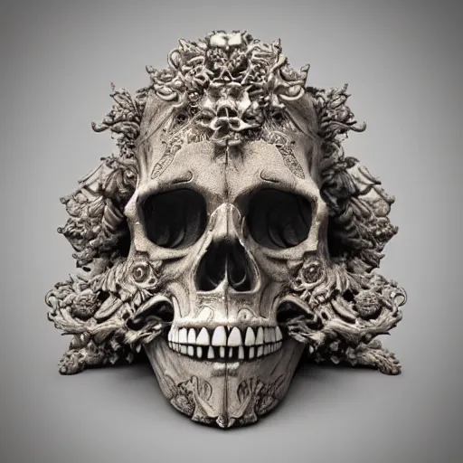 Image similar to gothic sculpture of skull with decorative baroque design, deep texture, intense detail, hyperealism, 4 k